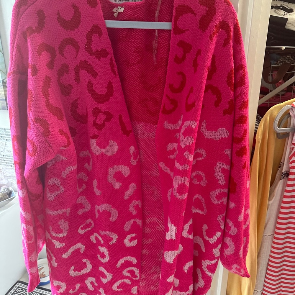 JODIFL Pink and Red Cozy Heart Cardigan Marked L fits big Valentine perfect